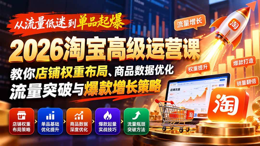 （20952期）从流量低迷到单品起爆：2026淘宝高级运营课教你店铺权重布局、商品数据优化、流量突破与爆款增长策略-怪兽网创俱乐部