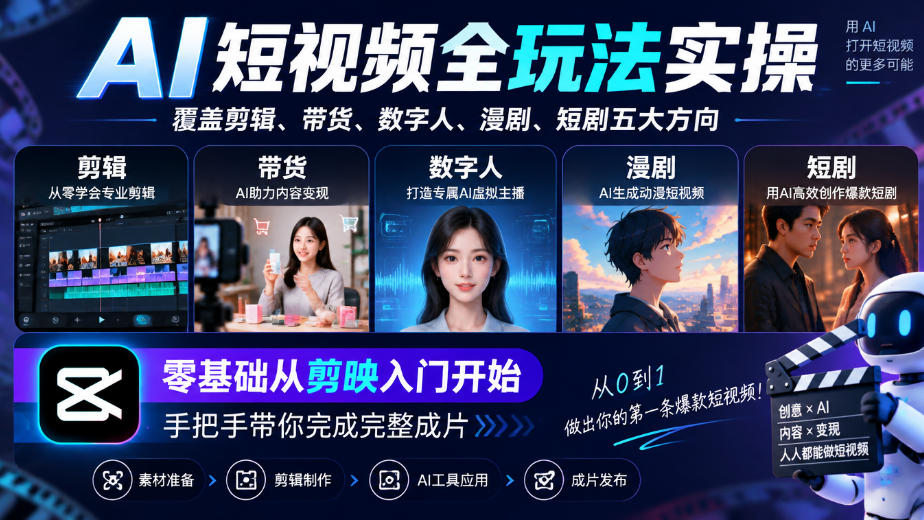 AI短视频全玩法实操，覆盖剪辑、带货、数字人、漫剧、短剧五大方向，零基础从剪映入门开始，手把手带你完成完整成片-怪兽网创俱乐部