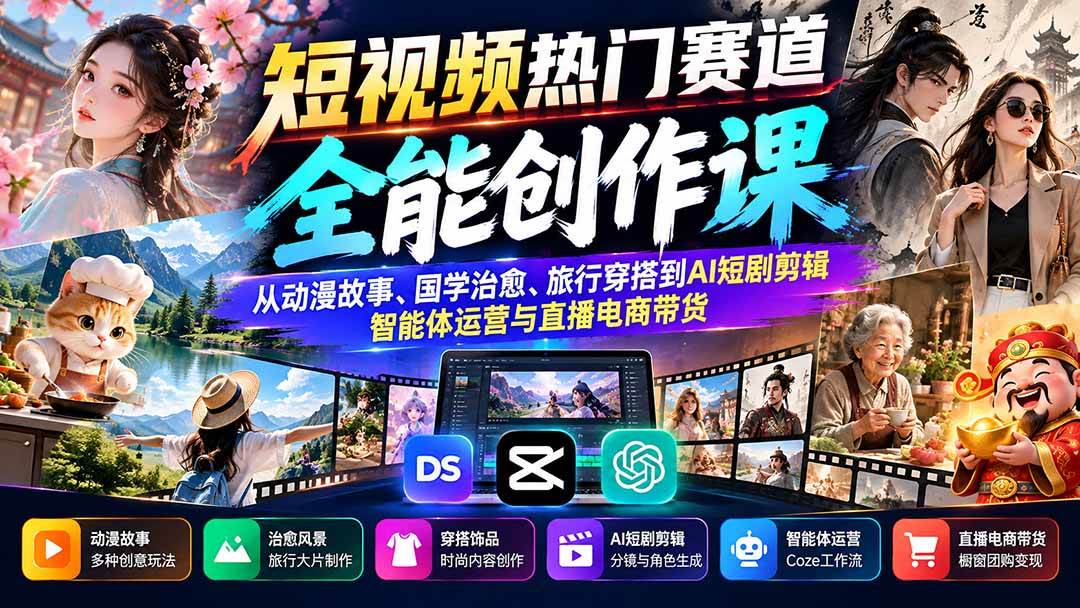 （20956期）短视频热门赛道全能创作课：从动漫故事、国学治愈、旅行穿搭到AI短剧剪辑、智能体运营与直播电商带货-邪修侠