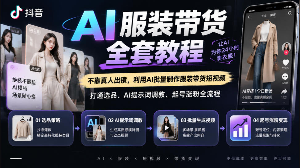 抖音AI服装带货全套教程，不靠真人出镜，利用AI批量制作服装带货短视频，打通选品、AI提示词调教、起号涨粉全流程-多课资源站