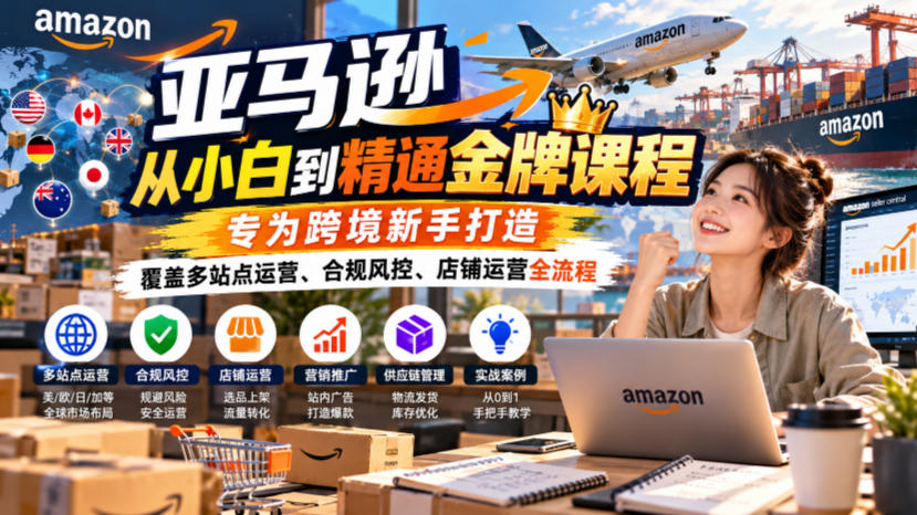 亚马逊从小白到精通金牌课程,专为跨境新手打造,覆盖多站点运营、合规风控、店铺运营全流程 亚马逊从小白到精通金牌课程,专为跨境新手打造,覆盖多站点运营、合规风控、店铺运营全流程