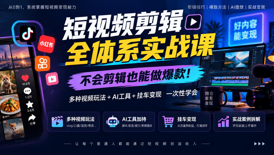 短视频剪辑全体系实战课，不会剪辑也能做爆款，多种视频玩法+AI工具+挂车变现一次性学-怪兽网创俱乐部