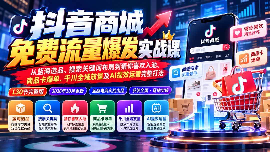 （20959期）抖音商城免费流量爆发实战：从蓝海选品、搜索关键词布局到猜你喜欢入池、商品卡爆单、千川全域放量及AI提效完整打法-怪兽网创俱乐部