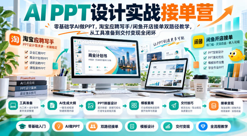 AI PPT设计实战接单营｜零基础学AI做PPT，淘宝应聘写手/闲鱼开店接单双路径教学，从工具准备到交付变现全闭环-怪兽网创俱乐部