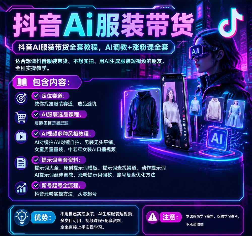 (20960期)不用真人出镜的抖音AI服装带货课:AI对镜自拍、童装男装女装视频制作、起号涨粉,附提示词大全与调教模板 (20960期)不用真人出镜的抖音AI服装带货课:AI对镜自拍、童装男装女装视频制作、起号涨粉,附提示词大全与调教模板
