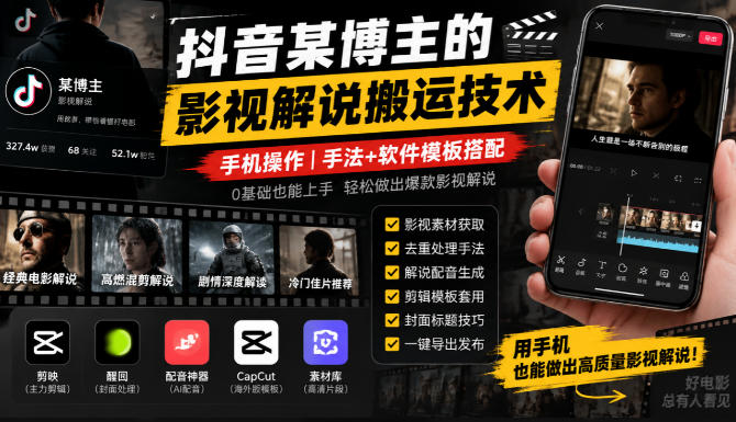 抖音某博主的影视解说搬运技术，手机操作，手法+软件模板搭配-怪兽网创俱乐部