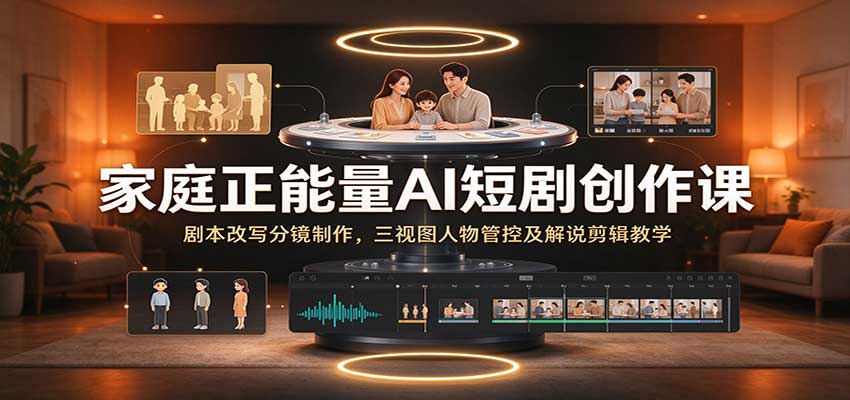 家庭正能量AI短剧创作课：剧本改写分镜制作，三视图人物管控及解说剪辑教学-怪兽网创俱乐部