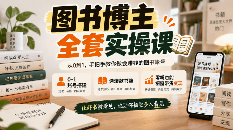 图书博主全套实操课，0‑1账号搭建，选爆款书籍，零粉也能橱窗带货变现-怪兽网创俱乐部
