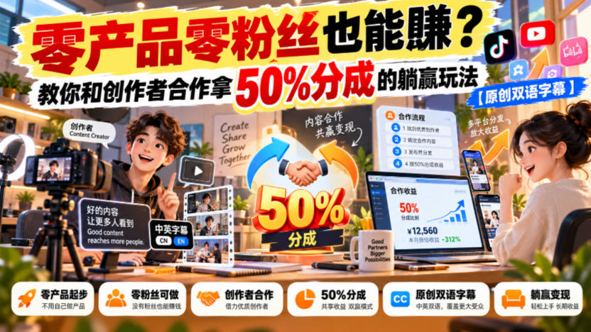 【无水印】零产品零粉丝也能賺？教你和创作者合作拿50%分成的躺赢玩法【原创双语字幕】-多课资源站