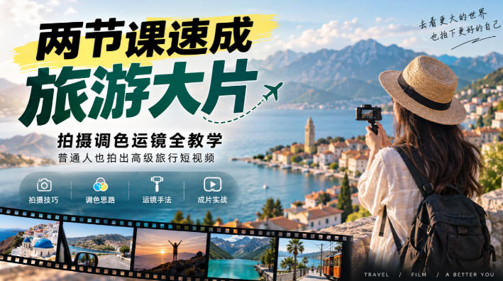 两节课速成旅游大片｜拍摄调色运镜全教学，普通人也拍出高级旅行短视频-多课资源站