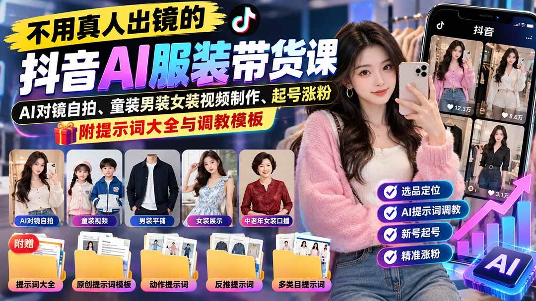 （20960期）不用真人出镜的抖音AI服装带货课：AI对镜自拍、童装男装女装视频制作、起号涨粉，附提示词大全与调教模板