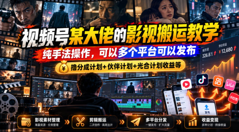 视频号某大佬的影视搬运教学，纯手法操作，可以多个平台可以发布，撸分成计划+伙伴计划+光合计划收益等-邪修侠