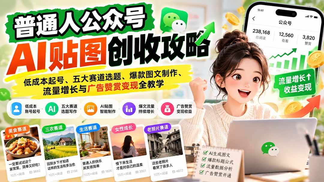 （20972期）普通人公众号AI贴图创收攻略：低成本起号、五大赛道选题、爆款图文制作、流量增长与广告赞赏变现全教学-怪兽网创俱乐部