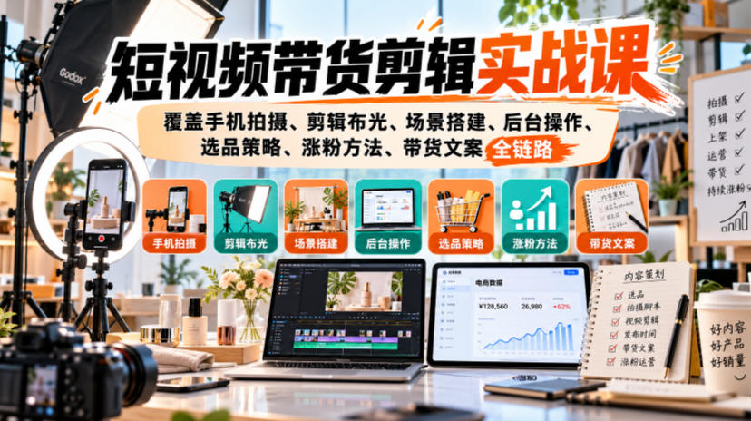 短视频带货剪辑实战课，覆盖手机拍摄、剪辑布光、场景搭建、后台操作、选品策略、涨粉方法、带货文案全链路-多课资源站