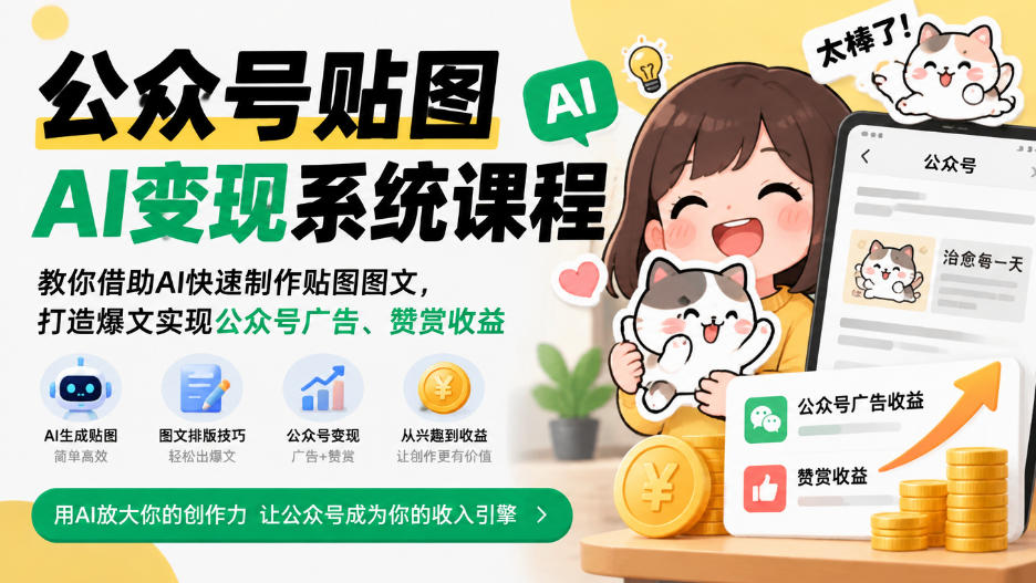 公众号贴图AI变现系统课程｜教你借助AI快速制作贴图图文，打造爆文实现公众号广告、赞赏收益-多课资源站
