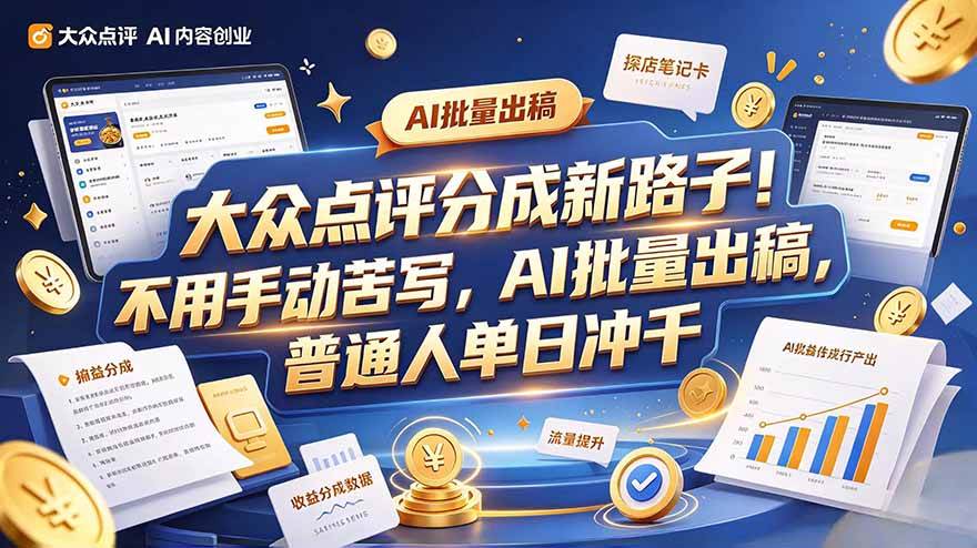 （20983期）大众点评副业新玩法，工具提效解放双手，批量做笔记，单日可破千-怪兽网创俱乐部