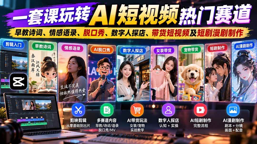 （20964期）一套课玩转AI短视频热门赛道：早教诗词、情感语录、脱口秀、数字人探店、带货短视频及短剧漫剧制作 复制标题