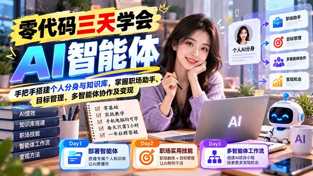 （20978期）【无水印】零代码三天学会AI智能体：手把手搭建个人分身与知识库，掌握职场助手、目标管理、多智能体协作及变现