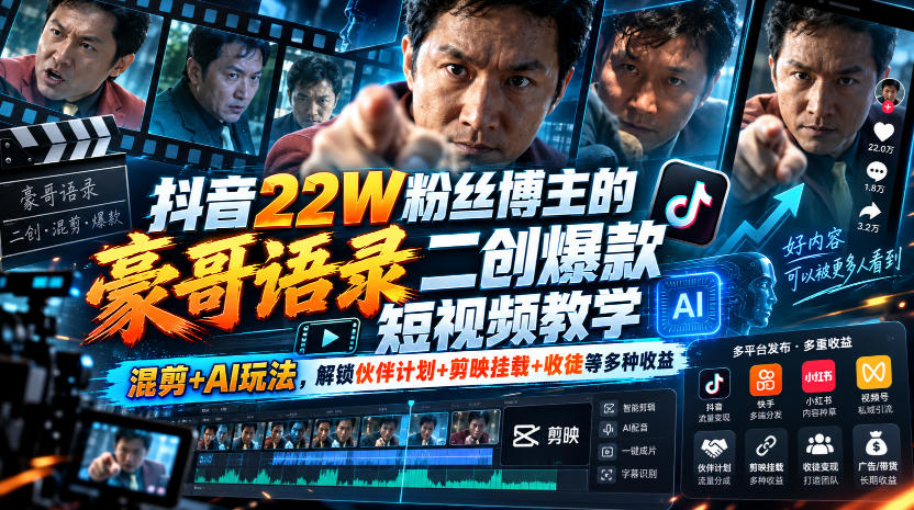 抖音22W粉丝博主的豪哥语录二创爆款短视频教学，混剪+AI玩法，解锁伙伴计划+剪映挂载+收徒等多种收益-多课资源站