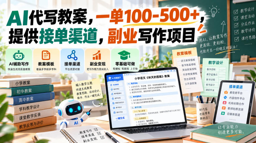 AI代写教案,一单100-500+,提供接单渠道,副业写作项目