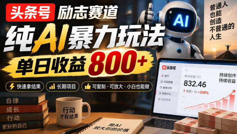 头条号励志赛道，纯AI暴力玩法，单日收益800+，快速拿结果，长期项目-多课资源站