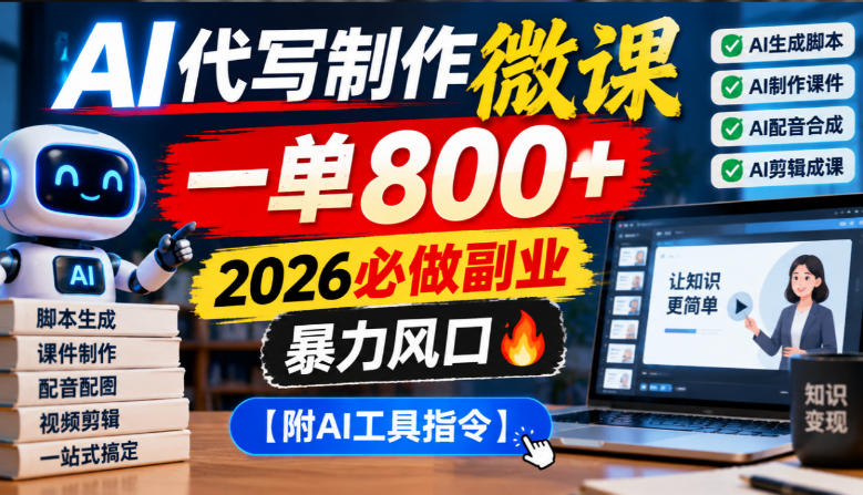 AI代写制作微课，一单800+，2026必做副业，暴力风口【附AI工具指令】【揭秘】-邪修侠