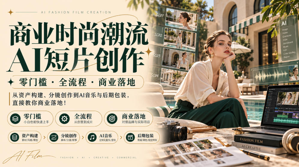 商业时尚潮流AI短片创作｜零门槛・全流程・商业落地，从资产构建、分镜创作到AI音乐与后期包装，直接教你商业落地！-怪兽网创俱乐部