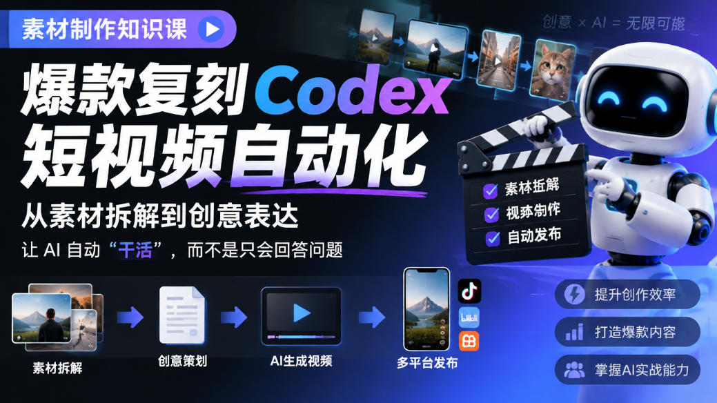 素材制作知识课，爆款复刻Codex短视频自动化，从素材拆解到创意表达，让AI自动“干活”，而不是只会回答问题-怪兽网创俱乐部