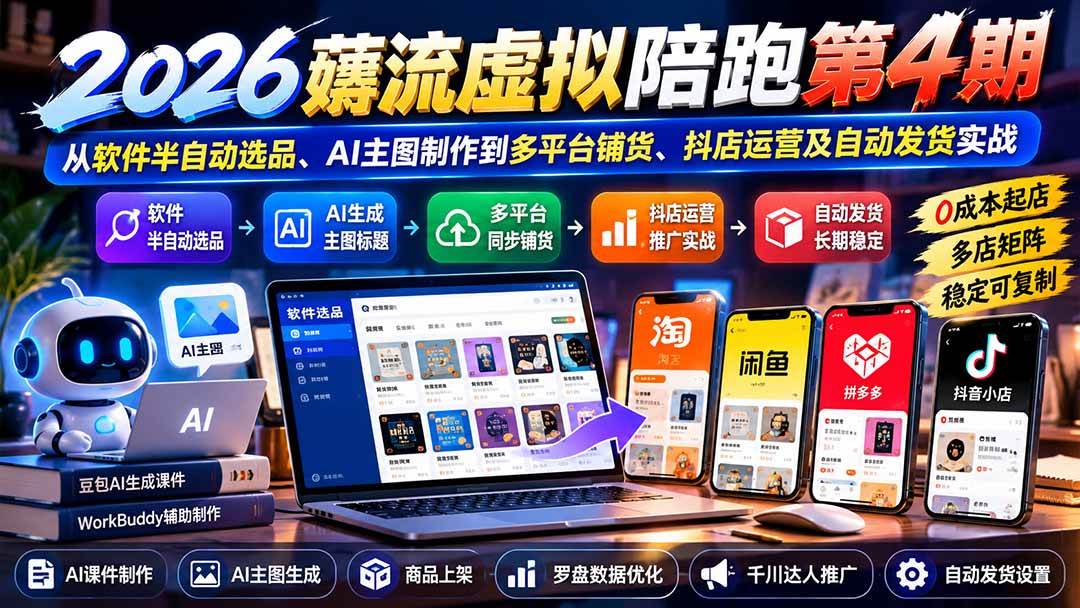 （20986期）2026薅流虚拟陪跑第4期：从软件半自动选品、AI主图制作到多平台铺货、抖店运营及自动发货实战-怪兽网创俱乐部