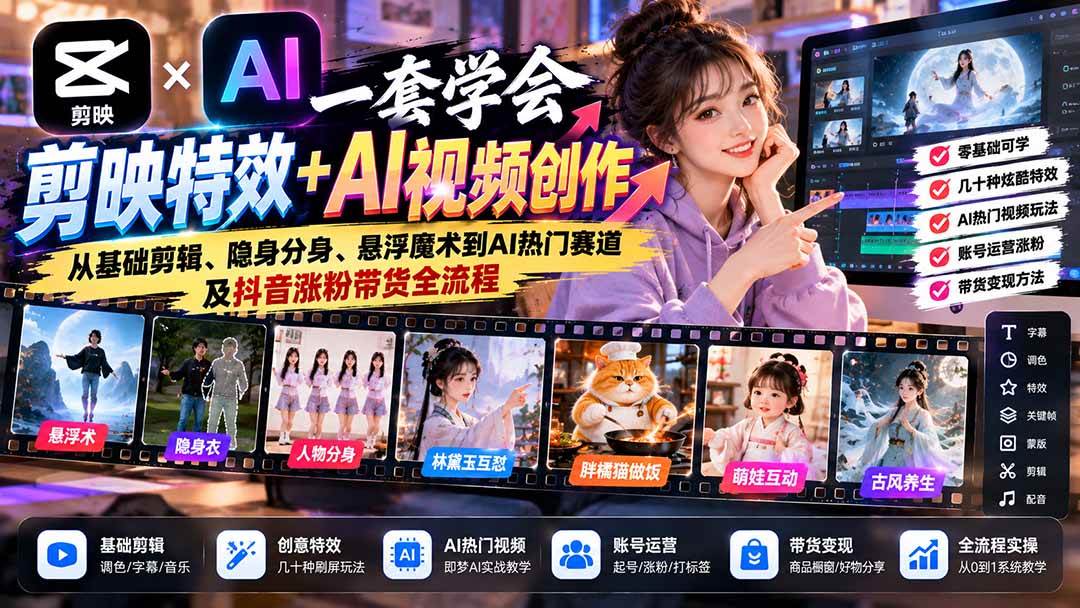 （20999期）一套学会剪映特效+AI视频创作：从基础剪辑、隐身分身、悬浮魔术到AI热门赛道及抖音涨粉带货全流程-怪兽网创俱乐部