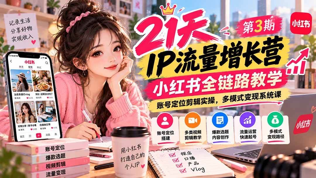 (20992期)【无水印】21天IP流量增长营-第3期,小红书全链路教学,账号定位剪辑实操,多模式变现系统课 (20992期)【无水印】21天IP流量增长营-第3期,小红书全链路教学,账号定位剪辑实操,多模式变现系统课