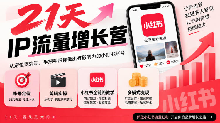 21天IP流量增长营，小红书全链路教学，账号定位剪辑实操，多模式变现系统课-网创百晓生