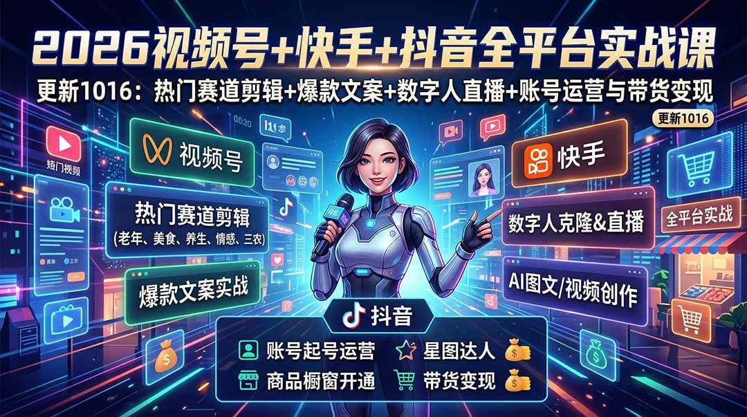 （20997期）视频号+快手+抖音三大平台的全栈剪辑+数字人直播实战课-3月更新：快速实现短视频变现-邪修侠