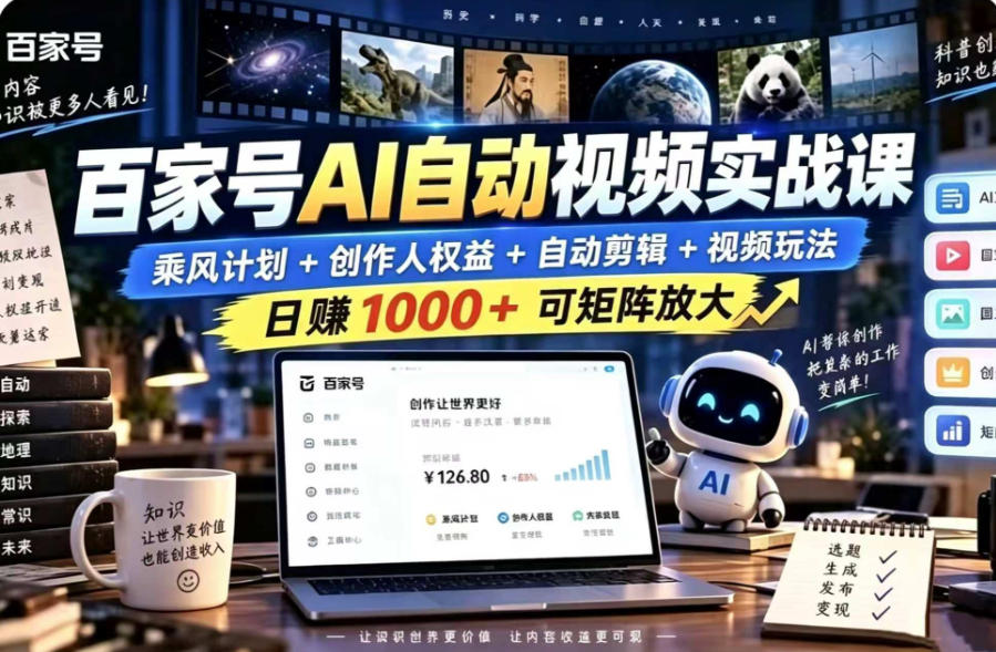 百家号自动矩阵玩法，长期可以做的项目，日入1k+，真正的睡后收入-多课资源站