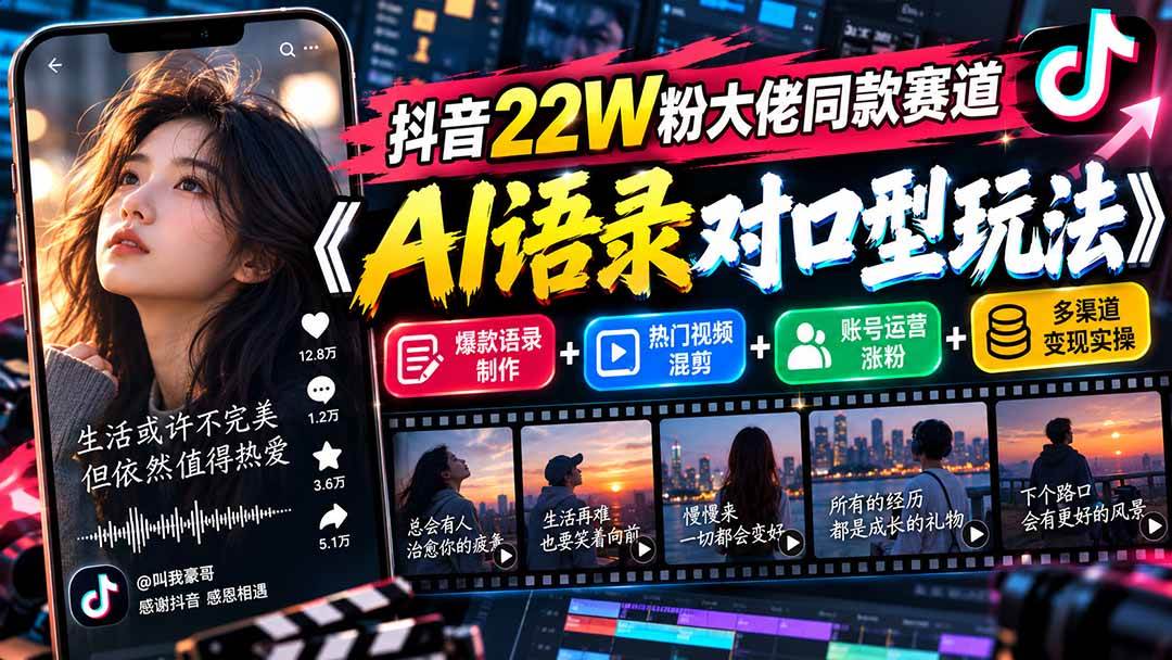 （20990期）抖音22W粉大佬同款赛道《AI语录对口型玩法》：爆款语录制作+热门视频混剪+账号运营涨粉+多渠道变现实操-怪兽网创俱乐部