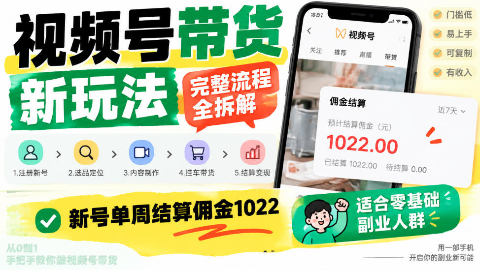 视频号带货新玩法，完整流程全拆解，新号单周结算佣金1k，适合零基础副业人群-怪兽网创俱乐部