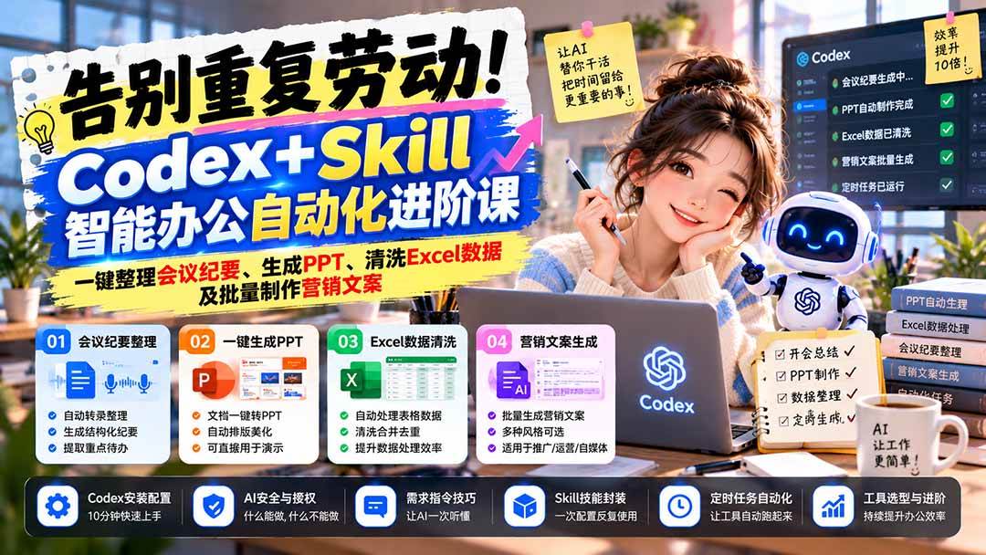 (21001期)告别重复劳动!Codex+Skill智能办公自动化进阶课:一键整理会议纪要、生成PPT、清洗Excel数据及批量制作营销文案 (21001期)告别重复劳动!Codex+Skill智能办公自动化进阶课:一键整理会议纪要、生成PPT、清洗Excel数据及批量制作营销文案