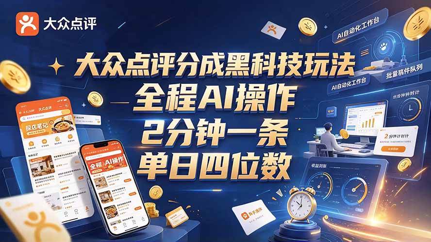 （21013期）大众点评分成全网独家玩法，AI 全自动出内容，2 分钟一条，小白可冲单日四位数-怪兽网创俱乐部
