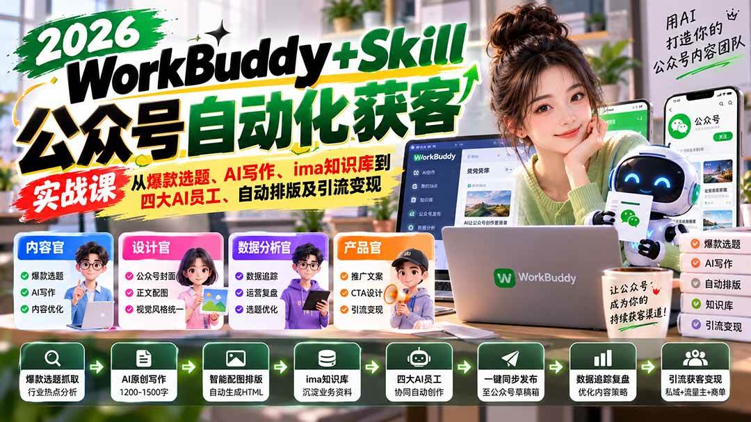 （21023期）WorkBuddy + Skill公众号自动化获客实战课：从爆款选题、AI写作、ima知识库到四大AI员工、自动排版及引流变现-怪兽网创俱乐部