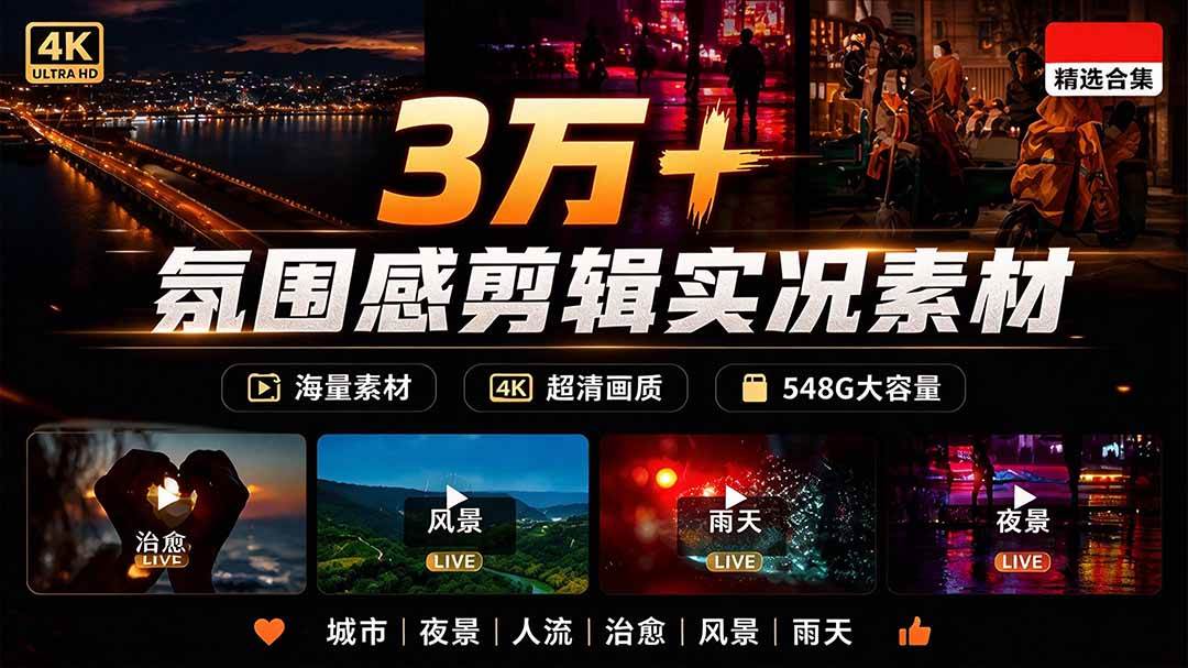 （21009期）氛围感3万+海量高清剪辑实况素材，含雨天、雪天、夜景、街道等经典场景，伤感唯美励志短视频无水印素材-邪修侠