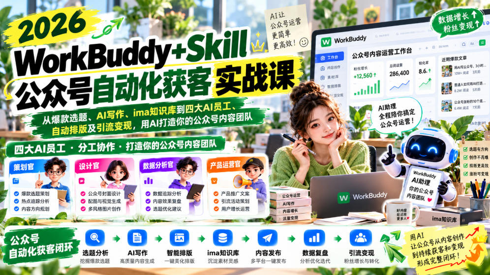 2026WorkBuddy+Skill公众号自动化获客实战课，从爆款选题、AI写作、ima知识库到四大AI员工、自动排版及引流变现，用AI打造你的公众号内容团队-多课资源站