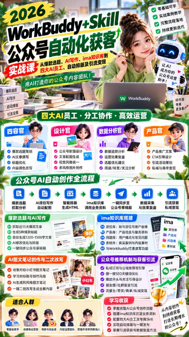 2026WorkBuddy+Skill公众号自动化获客实战课，从爆款选题、AI写作、ima知识库到四大AI员工、自动排版及引流变现，用AI打造你的公众号内容团队