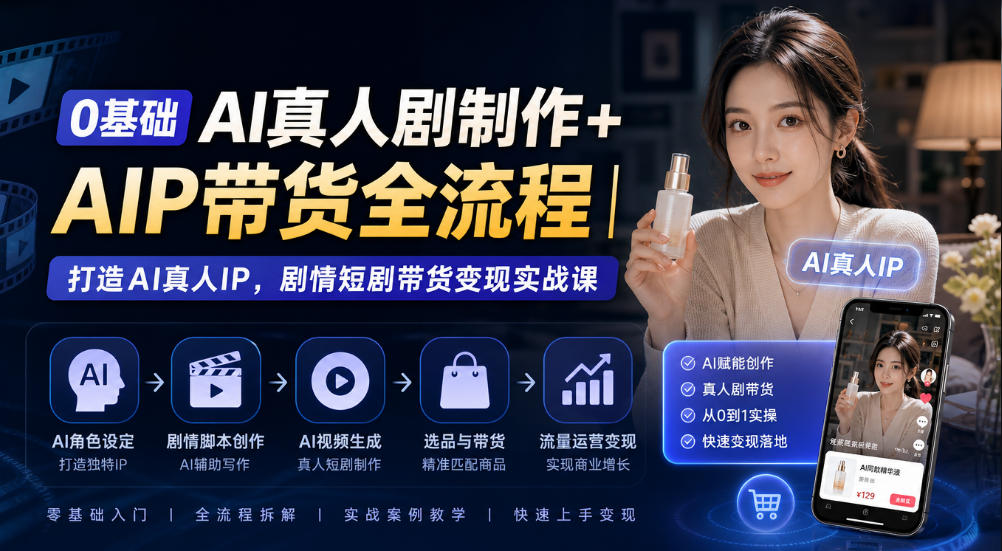 0基础AI真人剧制作+AIP带货全流程｜打造AI真人IP，剧情短剧带货变现实战课-多课资源站
