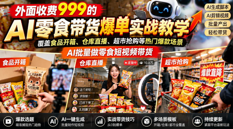 外面收费999的AI零食带货爆单实战教学，覆盖食品开箱、仓库直播、超市抢购等热门爆款场景，AI批量做零食短视频带货（更新1018）-怪兽网创俱乐部