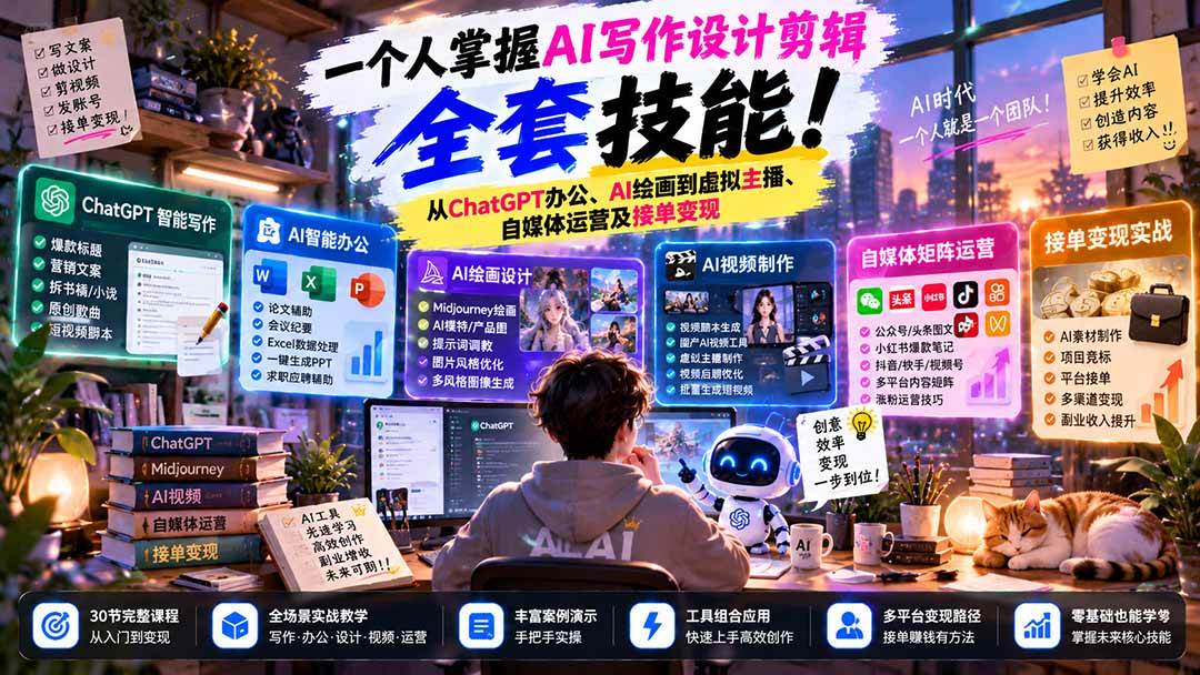 （21029期）一个人掌握AI写作设计剪辑全套技能：从ChatGPT办公、AI绘画到虚拟主播、自媒体运营及接单变现-多课资源站
