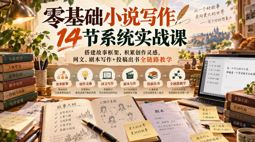 零基础小说写作14节系统实战课，搭建故事框架，积累创作灵感，网文、剧本写作+投稿出书全链路教学-多课资源站