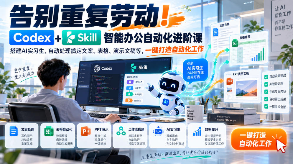告别重复劳动！Codex+Skill智能办公自动化进阶课｜搭建AI实习生，自动处理搞定文案、表格、演示文稿等，一键打造自动化工作-邪修侠