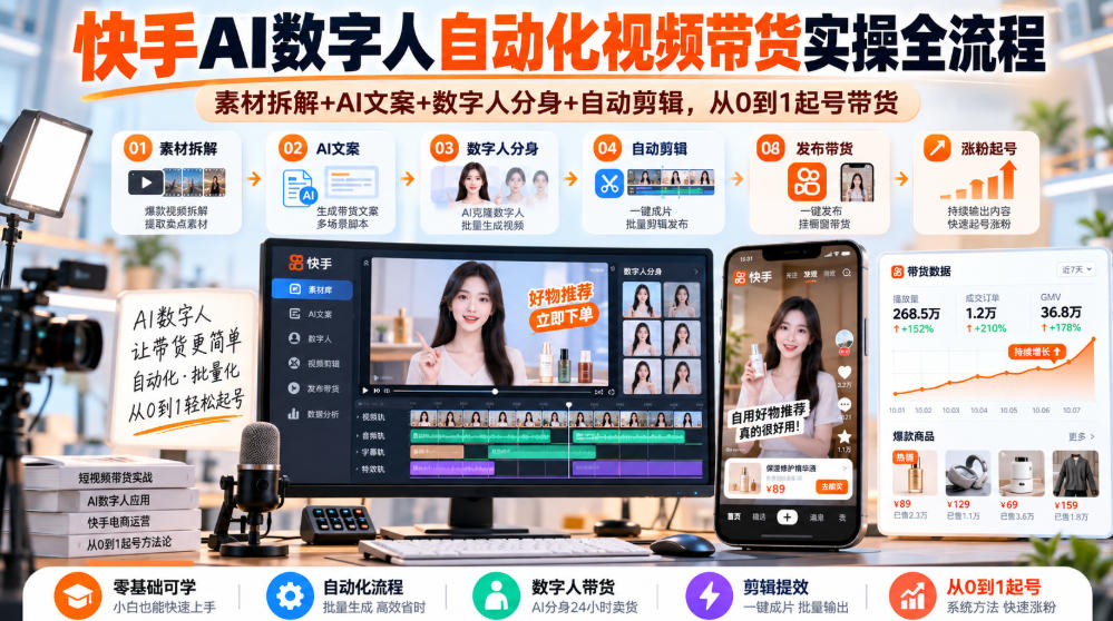 快手AI数字人自动化视频带货实操全流程｜素材拆解+AI文案+数字人分身+自动剪辑，从0到1起号带货（更新26年）-多课资源站