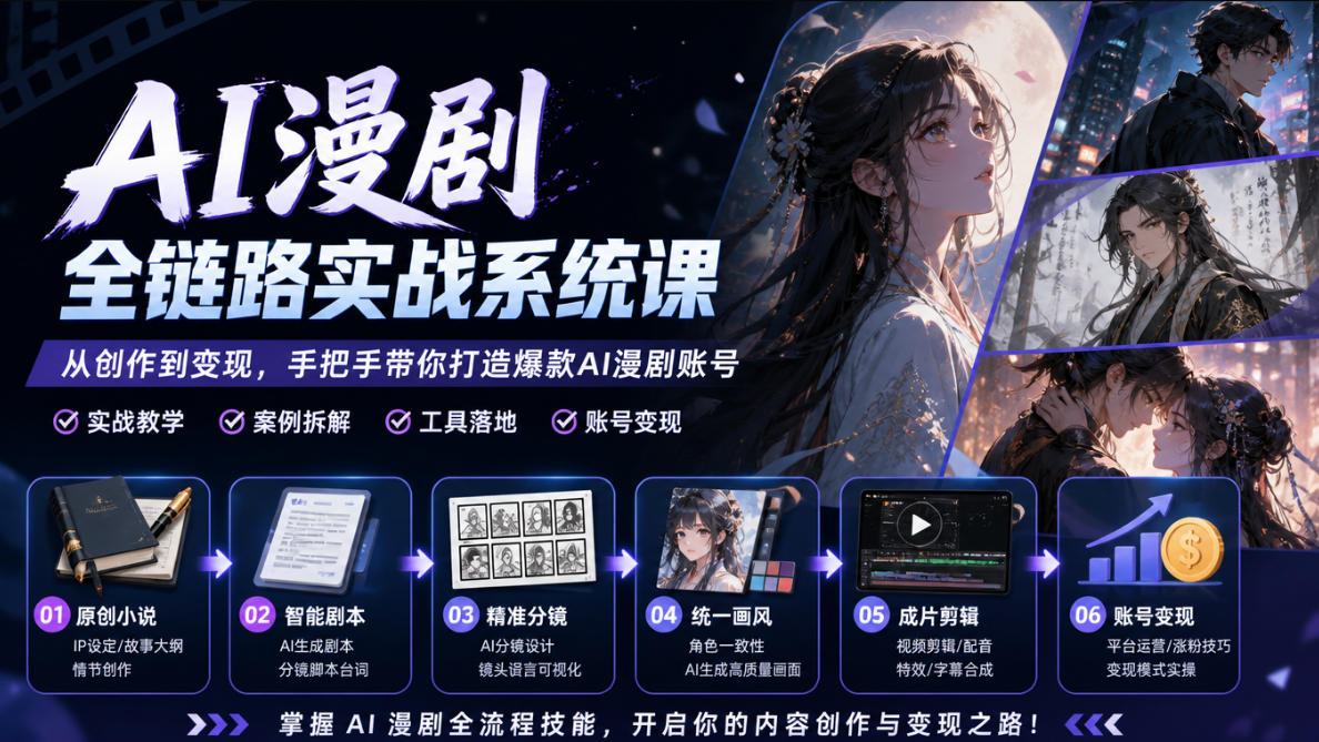 AI漫剧全链路实战系统课|原创小说、智能剧本、精准分镜、统一画风、成片剪辑、账号变现实操教学(更新1018)