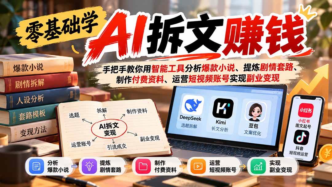 （21030期）零基础学AI拆文赚钱：手把手教你用智能工具分析爆款小说、提炼剧情套路、制作付费资料、运营短视频账号实现副业变现-多课资源站